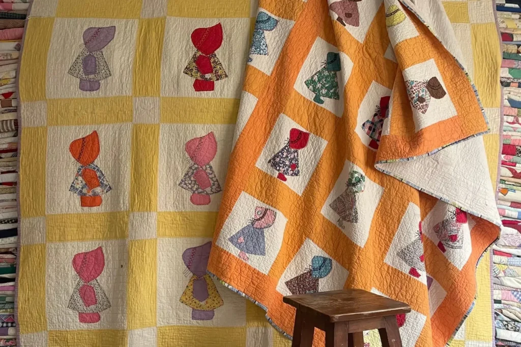 two sunbonnet sue quilts in yellow and orange color